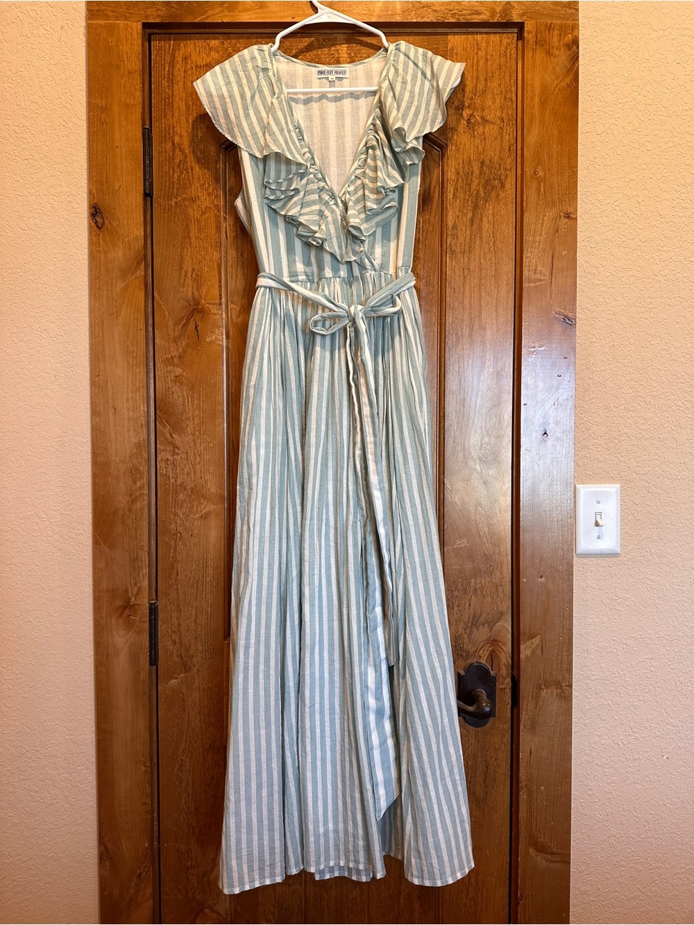 Pink City Prints Blue White Stripe Ruffle Maxi Dress Belted M
